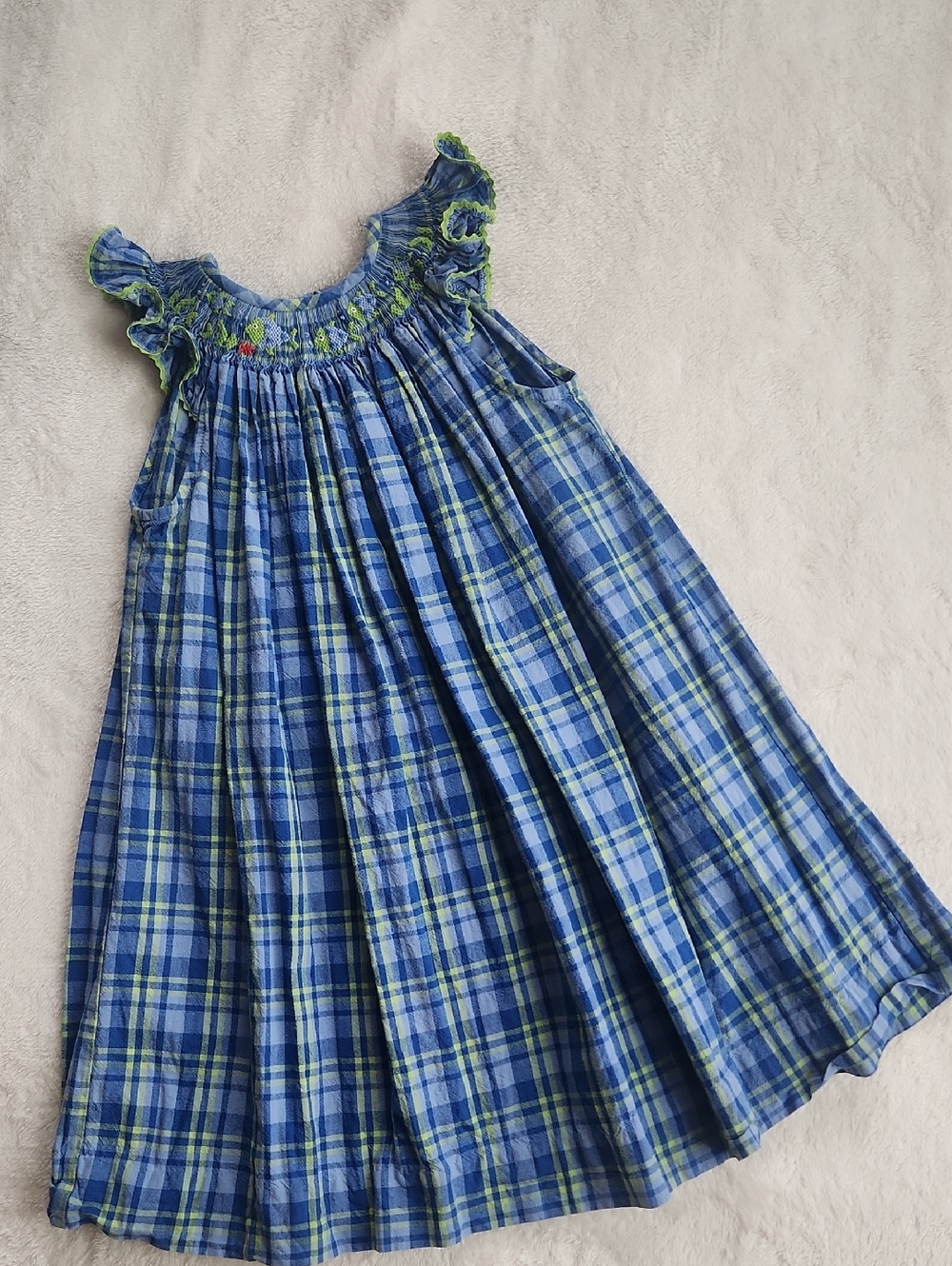 Blue Plaid Hand Smocked Silly Goose Girls' Dress with Green Fish, SZ 3